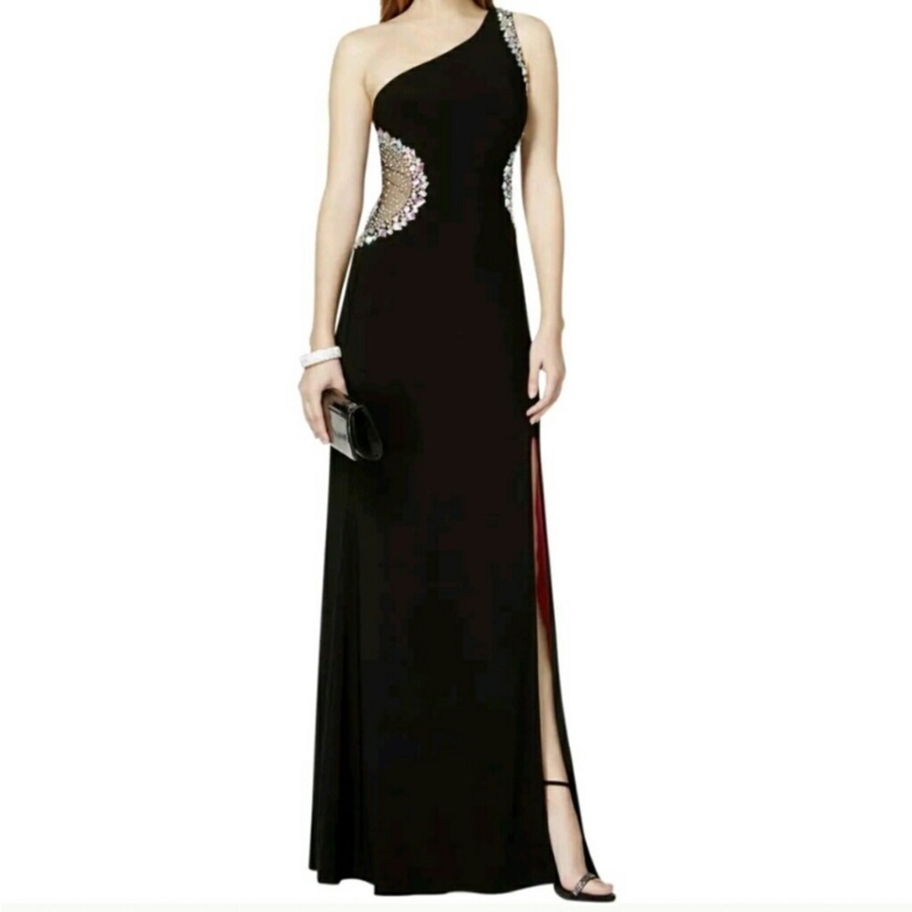 Betsy & Adam one shoulder black floor length Prom dress